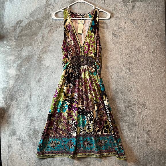 Y2K Boho Maxi Dress‎ Size Empire Waist Beaded Accent Hippie Gypsy Floral Size LG - Picture 1 of 6